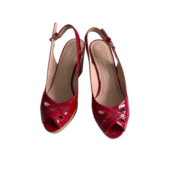 STUART WEITZMAN Red Patent Leather Cork Wedges Sandals Size 7 - Picture 9 of 10